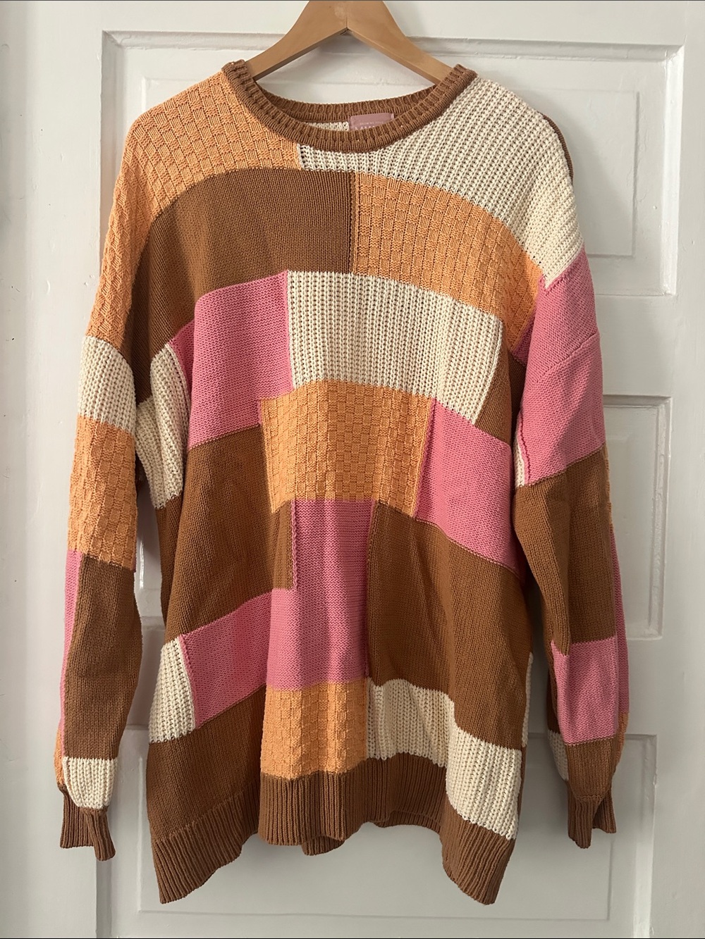 Show Me Your MuMu Colorblock Patchwork Crewneck Sweater in Pink, Brown & Cream